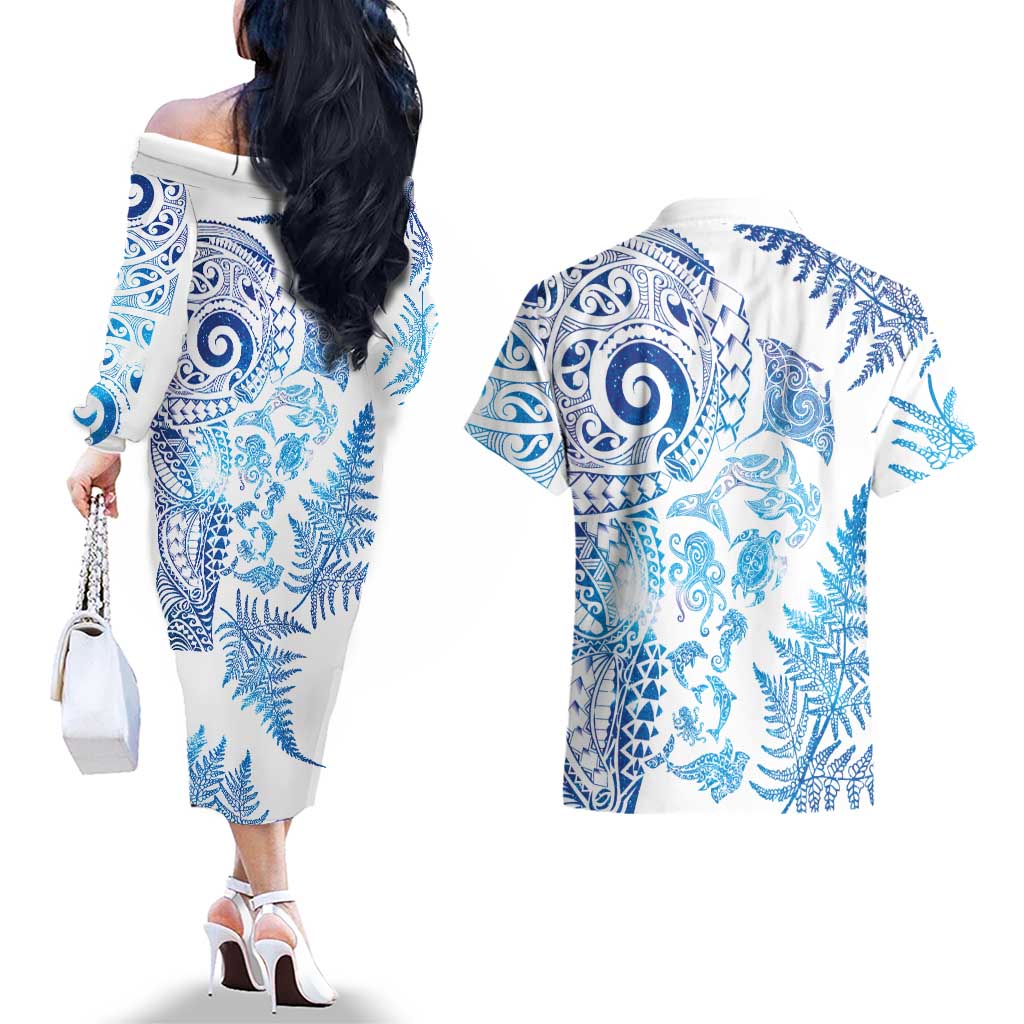 New Zealand Sea Animals Couples Matching Off The Shoulder Long Sleeve Dress and Hawaiian Shirt with Maori Koru Tribal Tattoo and Silver Ferns Galaxy Style LT03 - Polynesian Pride