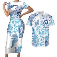 New Zealand Sea Animals Couples Matching Short Sleeve Bodycon Dress and Hawaiian Shirt with Maori Koru Tribal Tattoo and Silver Ferns Galaxy Style
