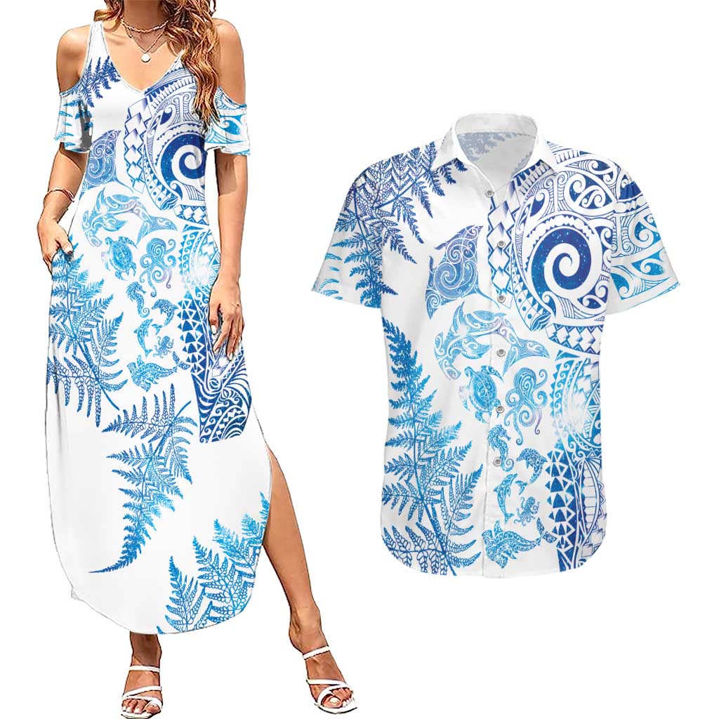 New Zealand Sea Animals Couples Matching Summer Maxi Dress and Hawaiian Shirt with Maori Koru Tribal Tattoo and Silver Ferns Galaxy Style
