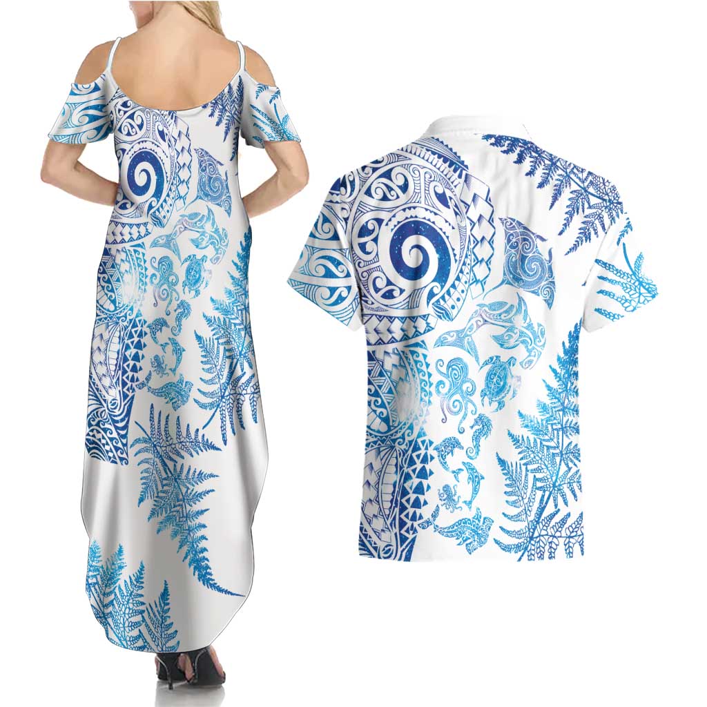 New Zealand Sea Animals Couples Matching Summer Maxi Dress and Hawaiian Shirt with Maori Koru Tribal Tattoo and Silver Ferns Galaxy Style