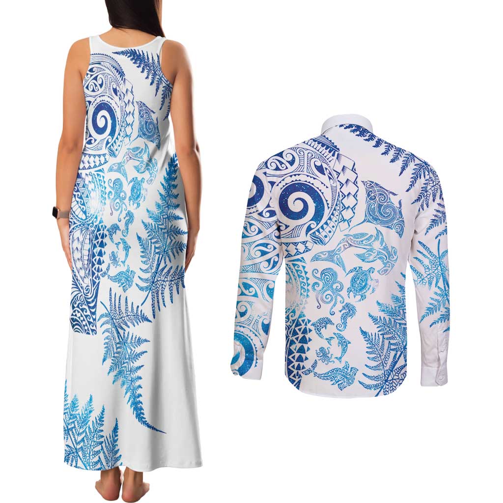 New Zealand Sea Animals Couples Matching Tank Maxi Dress and Long Sleeve Button Shirt with Maori Koru Tribal Tattoo and Silver Ferns Galaxy Style