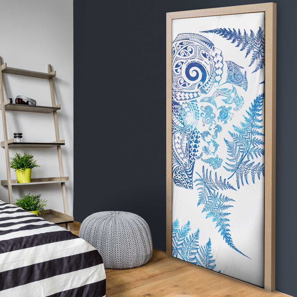 New Zealand Sea Animals Door Cover with Maori Koru Tribal Tattoo and Silver Ferns Galaxy Style