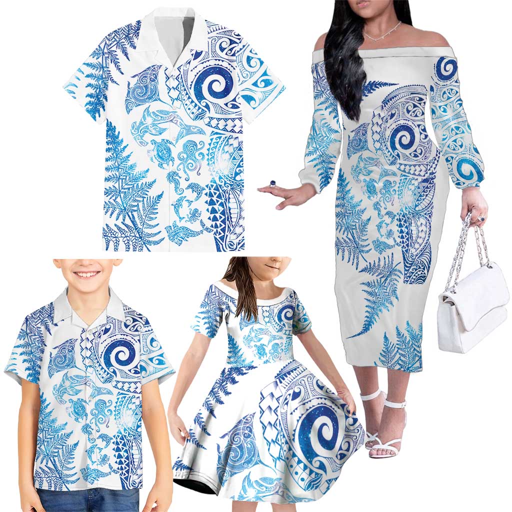 New Zealand Sea Animals Family Matching Off The Shoulder Long Sleeve Dress and Hawaiian Shirt with Maori Koru Tribal Tattoo and Silver Ferns Galaxy Style