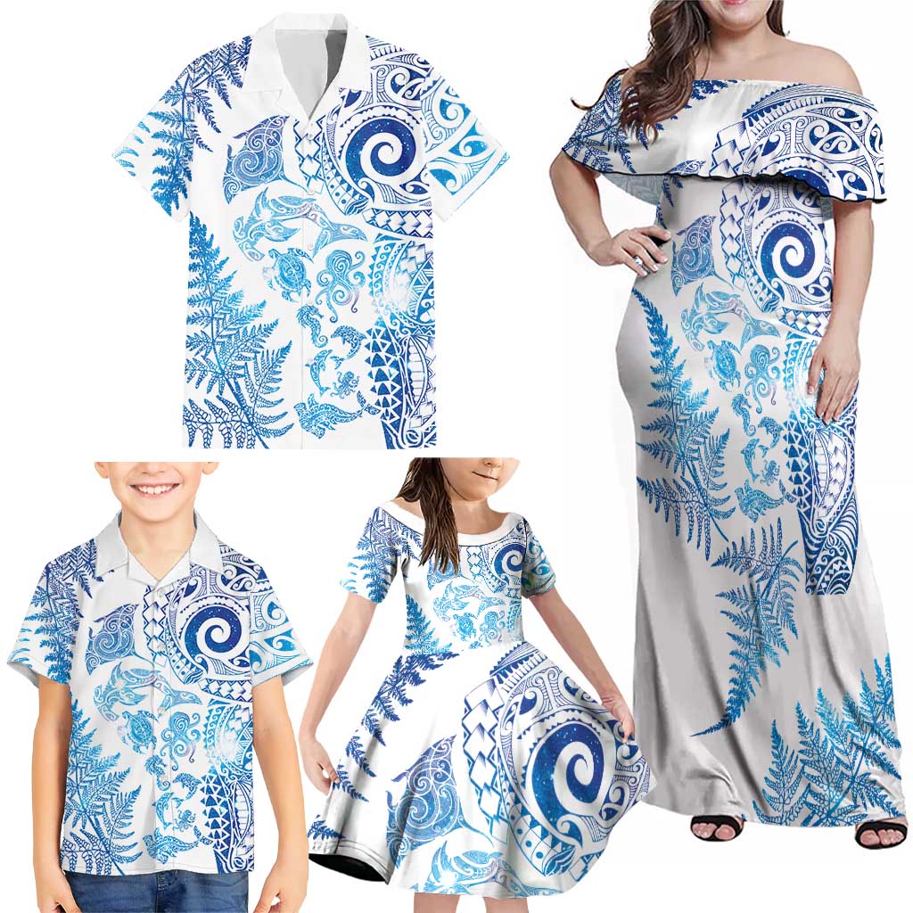 New Zealand Sea Animals Family Matching Off Shoulder Maxi Dress and Hawaiian Shirt with Maori Koru Tribal Tattoo and Silver Ferns Galaxy Style