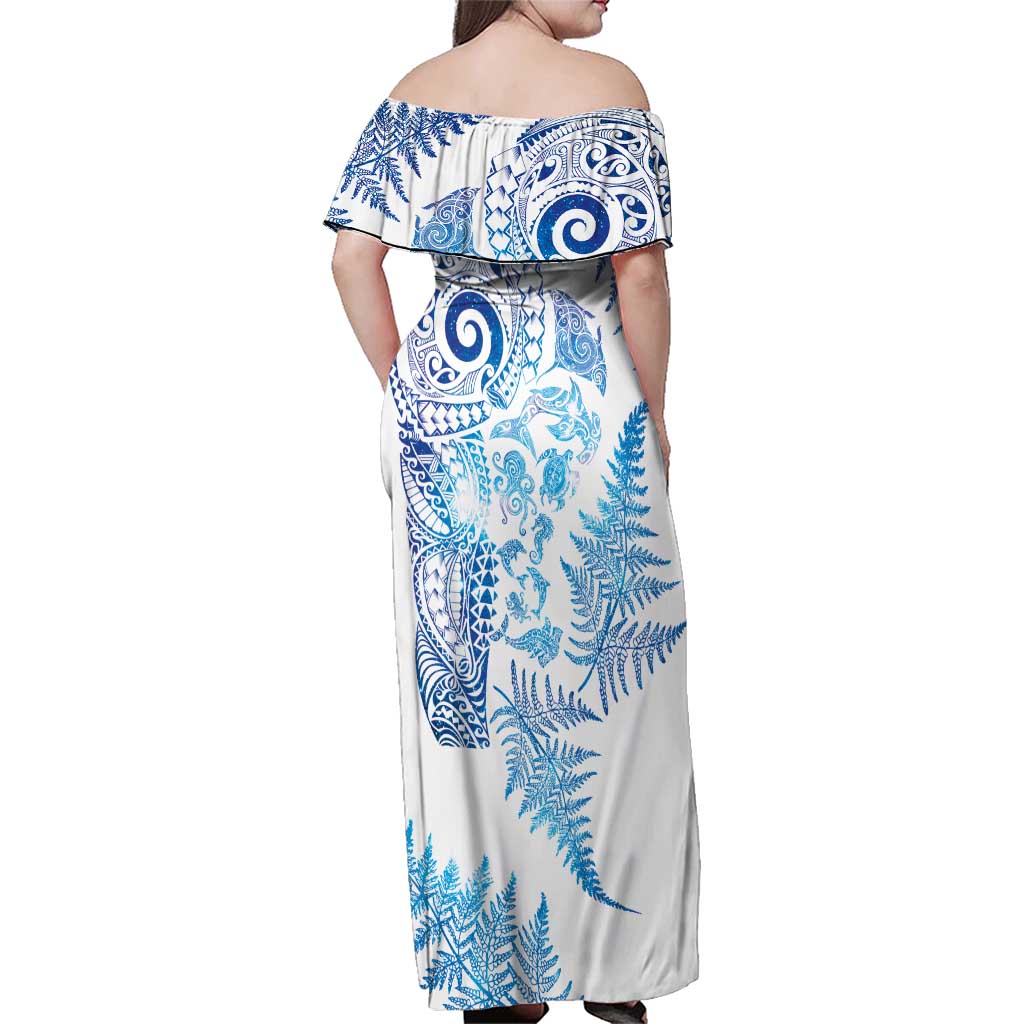 New Zealand Sea Animals Family Matching Off Shoulder Maxi Dress and Hawaiian Shirt with Maori Koru Tribal Tattoo and Silver Ferns Galaxy Style
