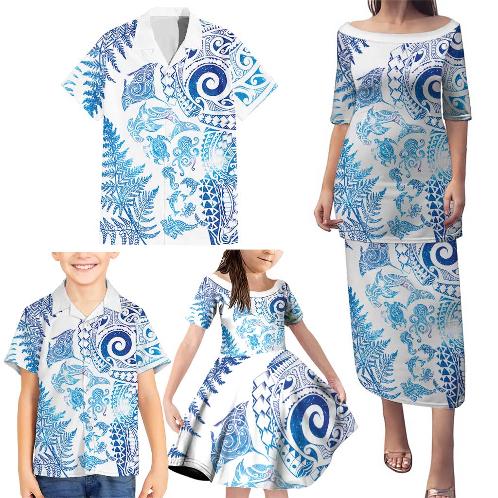 New Zealand Sea Animals Family Matching Puletasi and Hawaiian Shirt with Maori Koru Tribal Tattoo and Silver Ferns Galaxy Style