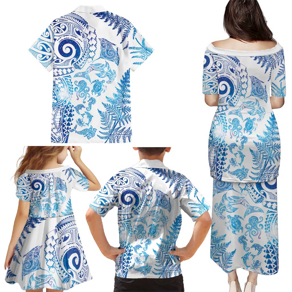 New Zealand Sea Animals Family Matching Puletasi and Hawaiian Shirt with Maori Koru Tribal Tattoo and Silver Ferns Galaxy Style