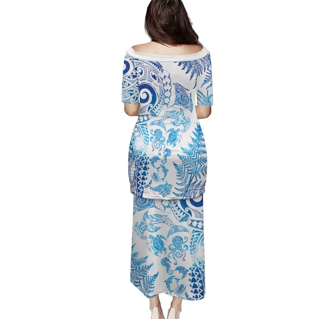 New Zealand Sea Animals Family Matching Puletasi and Hawaiian Shirt with Maori Koru Tribal Tattoo and Silver Ferns Galaxy Style