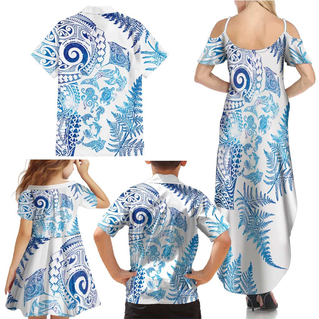 New Zealand Sea Animals Family Matching Summer Maxi Dress and Hawaiian Shirt with Maori Koru Tribal Tattoo and Silver Ferns Galaxy Style