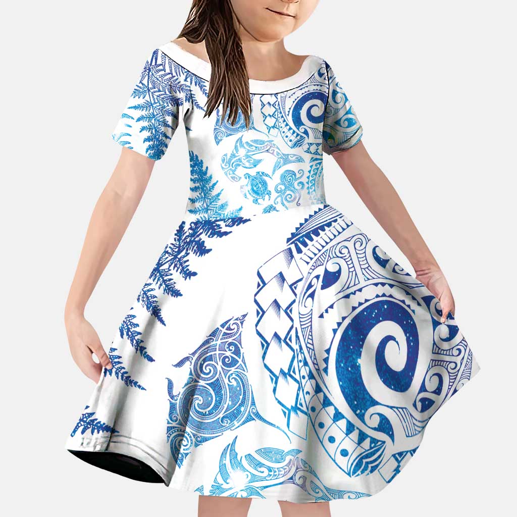 New Zealand Sea Animals Family Matching Tank Maxi Dress and Hawaiian Shirt with Maori Koru Tribal Tattoo and Silver Ferns Galaxy Style LT03 Daughter's Dress Multicolor - Polynesian Pride
