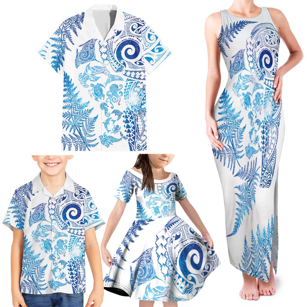 New Zealand Sea Animals Family Matching Tank Maxi Dress and Hawaiian Shirt with Maori Koru Tribal Tattoo and Silver Ferns Galaxy Style LT03 - Polynesian Pride