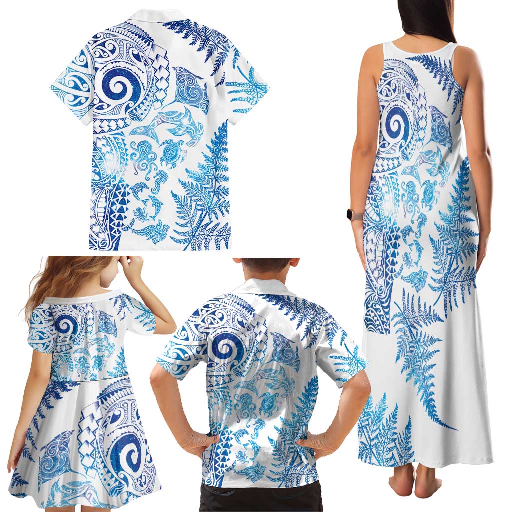 New Zealand Sea Animals Family Matching Tank Maxi Dress and Hawaiian Shirt with Maori Koru Tribal Tattoo and Silver Ferns Galaxy Style LT03 - Polynesian Pride