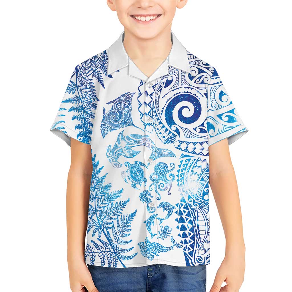 New Zealand Sea Animals Family Matching Tank Maxi Dress and Hawaiian Shirt with Maori Koru Tribal Tattoo and Silver Ferns Galaxy Style LT03 Son's Shirt Multicolor - Polynesian Pride