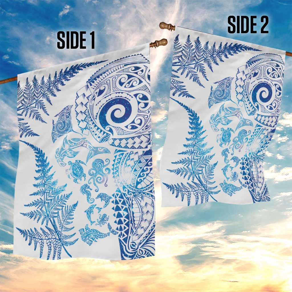 New Zealand Sea Animals Garden Flag with Maori Koru Tribal Tattoo and Silver Ferns Galaxy Style