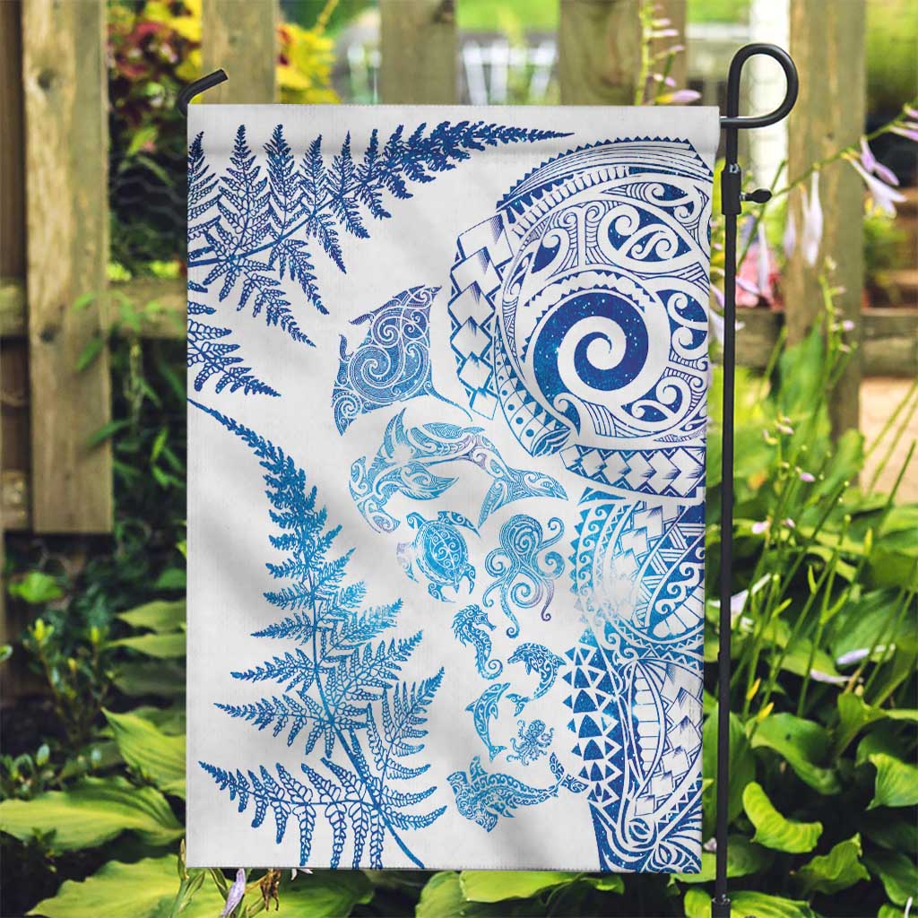 New Zealand Sea Animals Garden Flag with Maori Koru Tribal Tattoo and Silver Ferns Galaxy Style