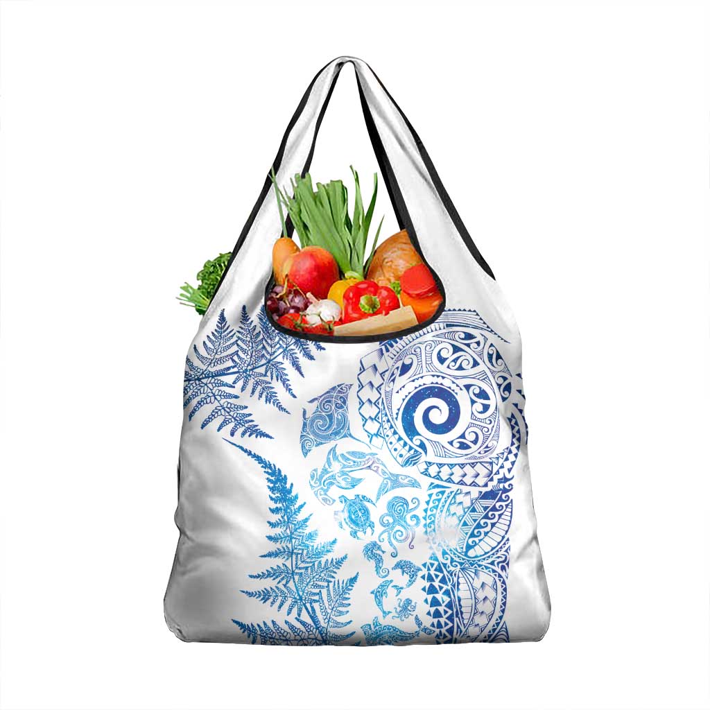 New Zealand Sea Animals Grocery Bag with Maori Koru Tribal Tattoo and Silver Ferns Galaxy Style
