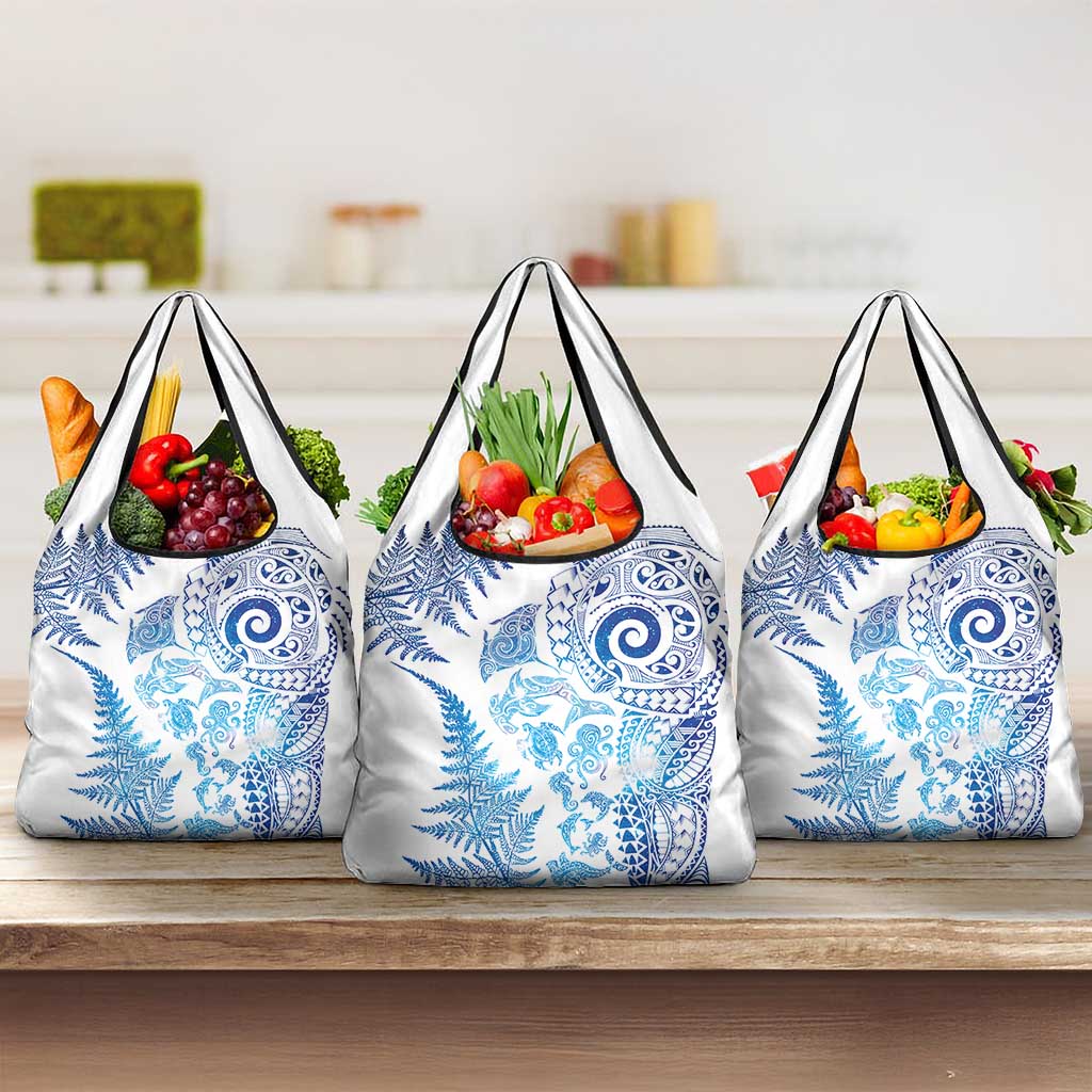 New Zealand Sea Animals Grocery Bag with Maori Koru Tribal Tattoo and Silver Ferns Galaxy Style