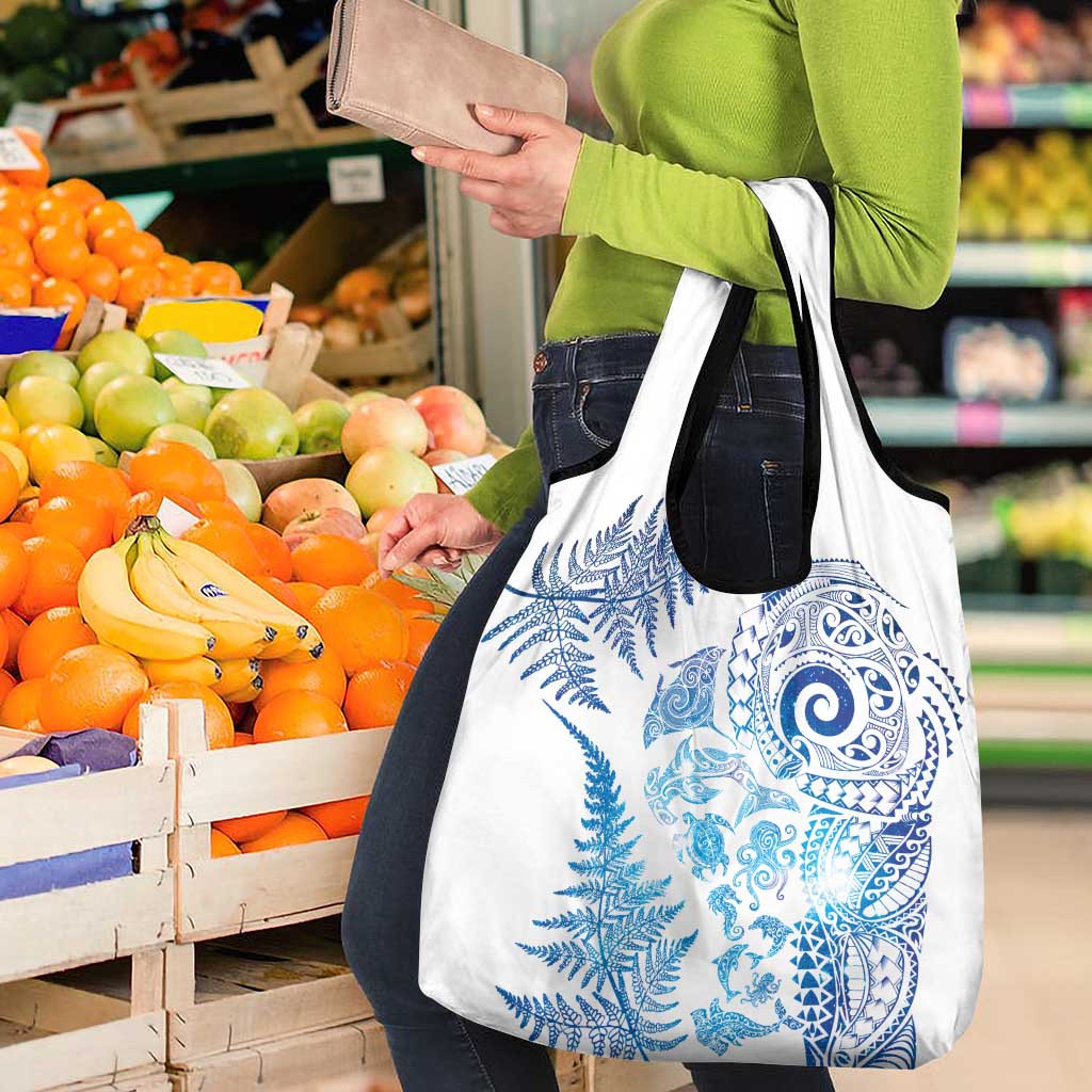 New Zealand Sea Animals Grocery Bag with Maori Koru Tribal Tattoo and Silver Ferns Galaxy Style