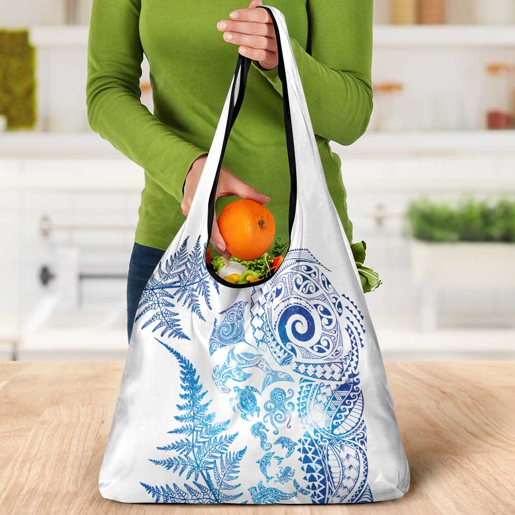 New Zealand Sea Animals Grocery Bag with Maori Koru Tribal Tattoo and Silver Ferns Galaxy Style