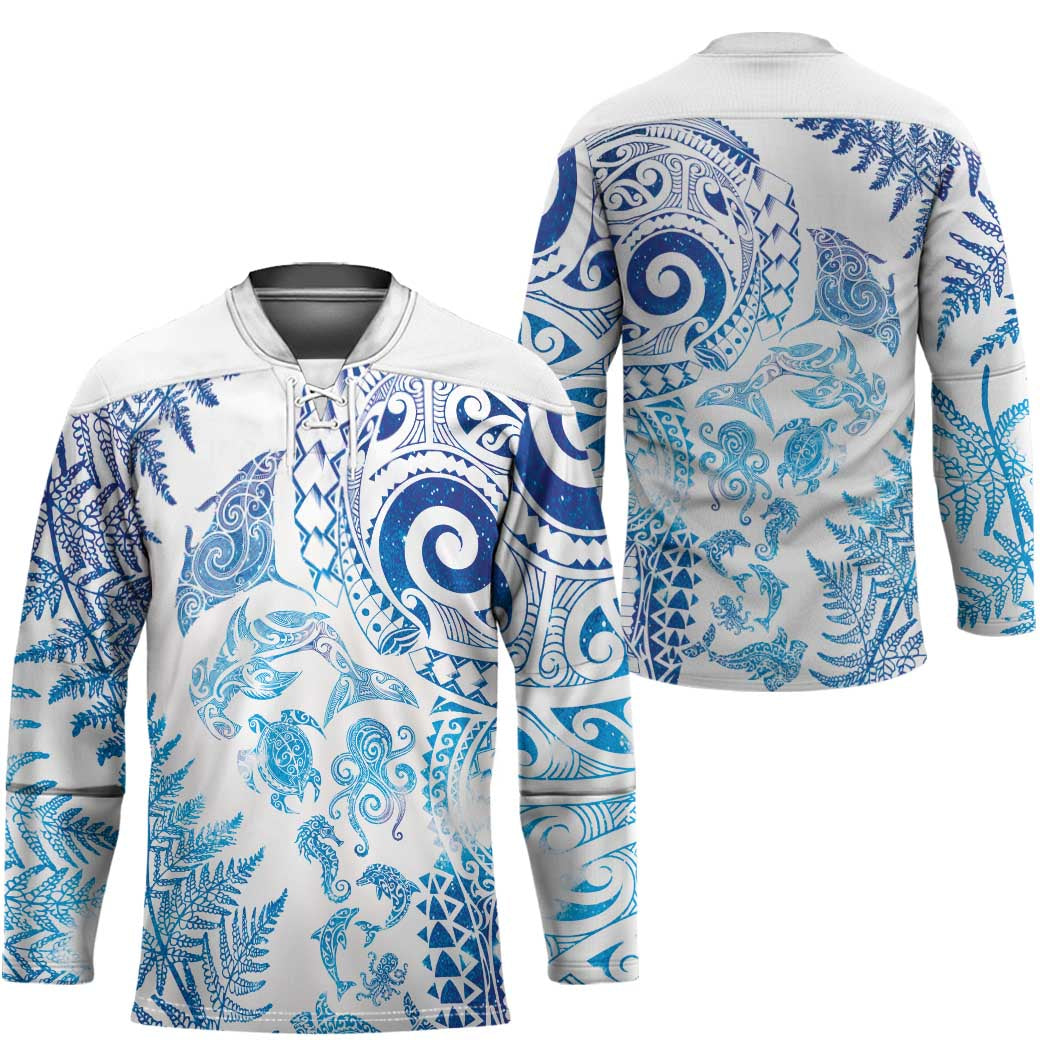 New Zealand Sea Animals Hockey Jersey with Maori Koru Tribal Tattoo and Silver Ferns Galaxy Style