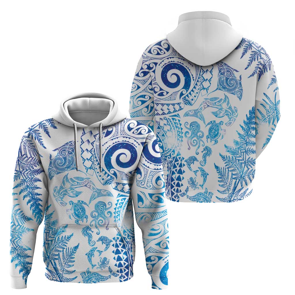 New Zealand Sea Animals Hoodie with Maori Koru Tribal Tattoo and Silver Ferns Galaxy Style
