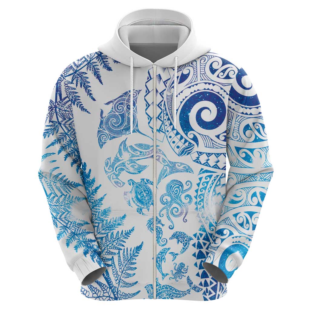 New Zealand Sea Animals Hoodie with Maori Koru Tribal Tattoo and Silver Ferns Galaxy Style