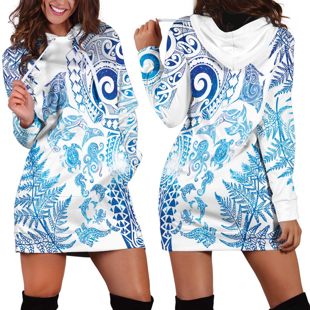 New Zealand Sea Animals Hoodie Dress with Maori Koru Tribal Tattoo and Silver Ferns Galaxy Style