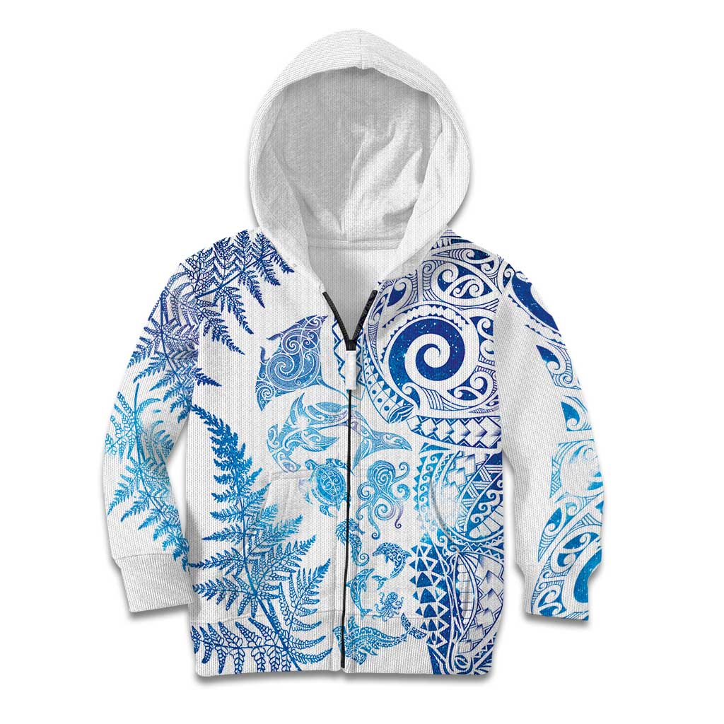 New Zealand Sea Animals Kid Hoodie with Maori Koru Tribal Tattoo and Silver Ferns Galaxy Style