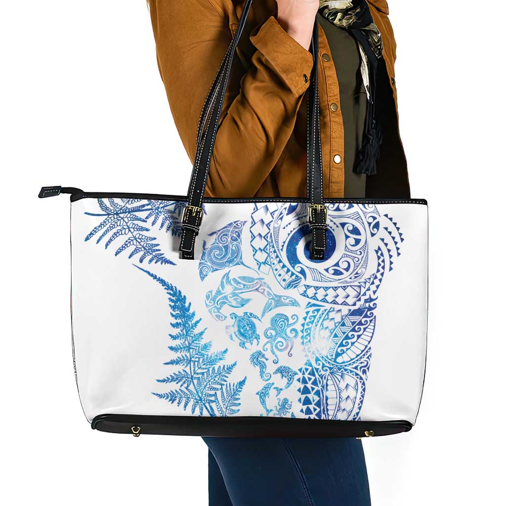 New Zealand Sea Animals Leather Tote Bag with Maori Koru Tribal Tattoo and Silver Ferns Galaxy Style
