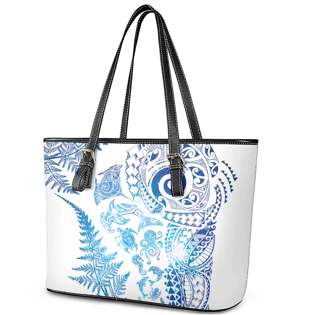 New Zealand Sea Animals Leather Tote Bag with Maori Koru Tribal Tattoo and Silver Ferns Galaxy Style