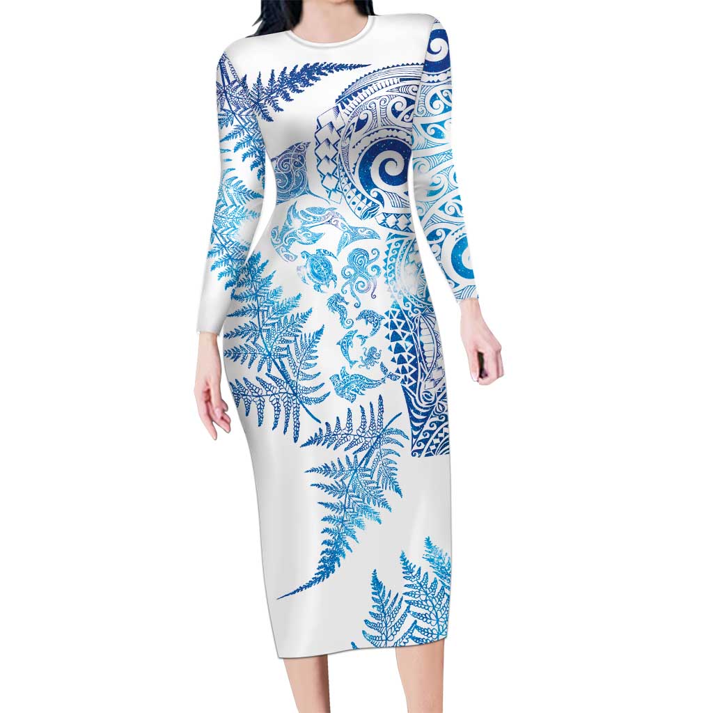 New Zealand Sea Animals Long Sleeve Bodycon Dress with Maori Koru Tribal Tattoo and Silver Ferns Galaxy Style