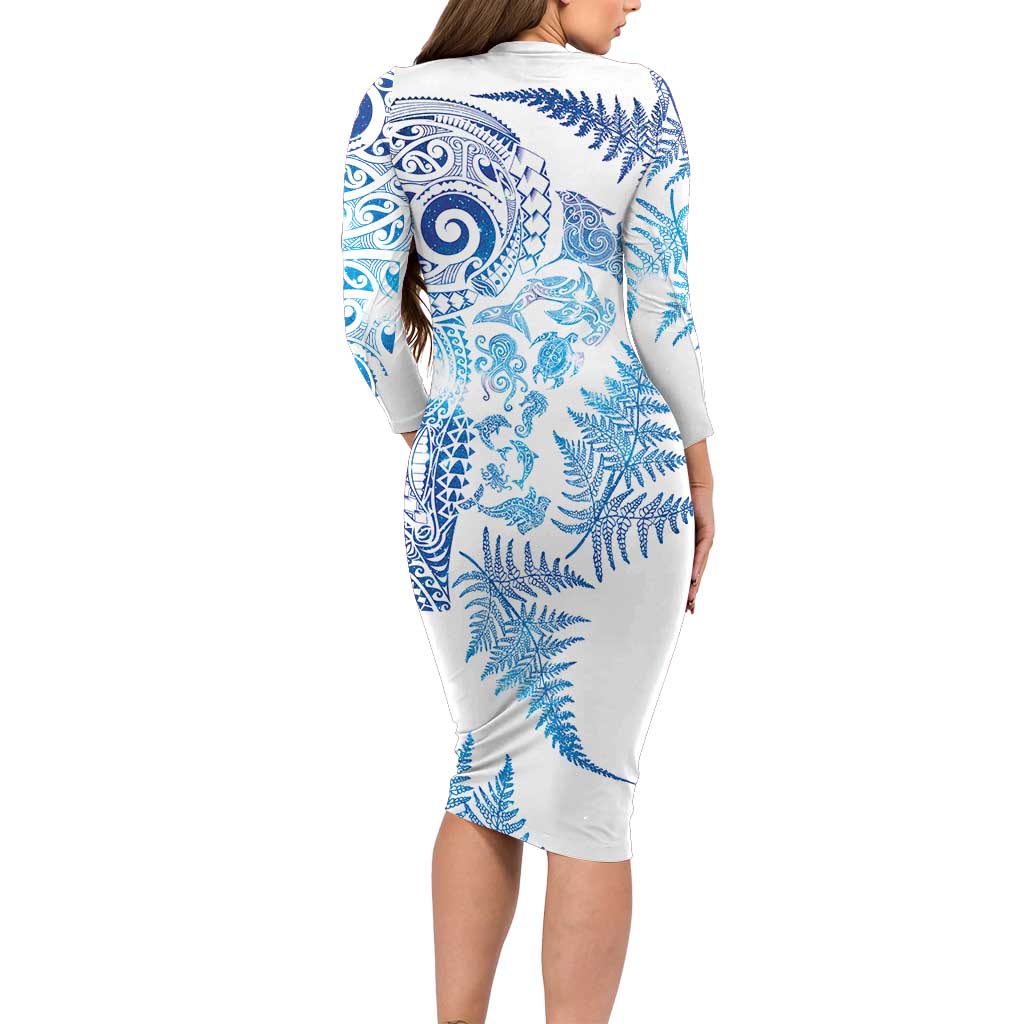 New Zealand Sea Animals Long Sleeve Bodycon Dress with Maori Koru Tribal Tattoo and Silver Ferns Galaxy Style