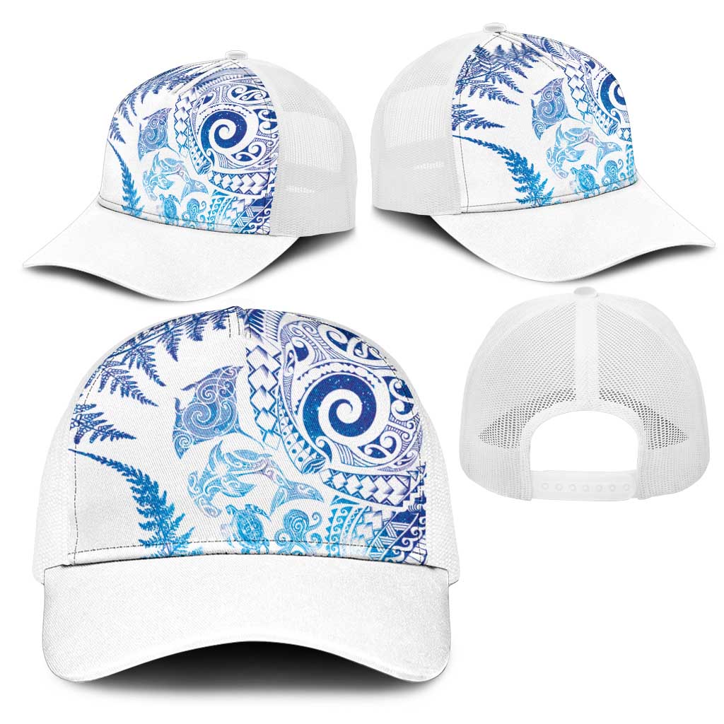 New Zealand Sea Animals Mesh Trucker Cap with Maori Koru Tribal Tattoo and Silver Ferns Galaxy Style