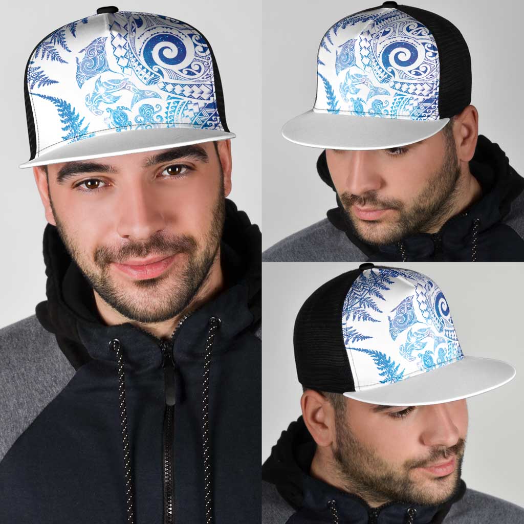 New Zealand Sea Animals Mesh Trucker Cap with Maori Koru Tribal Tattoo and Silver Ferns Galaxy Style