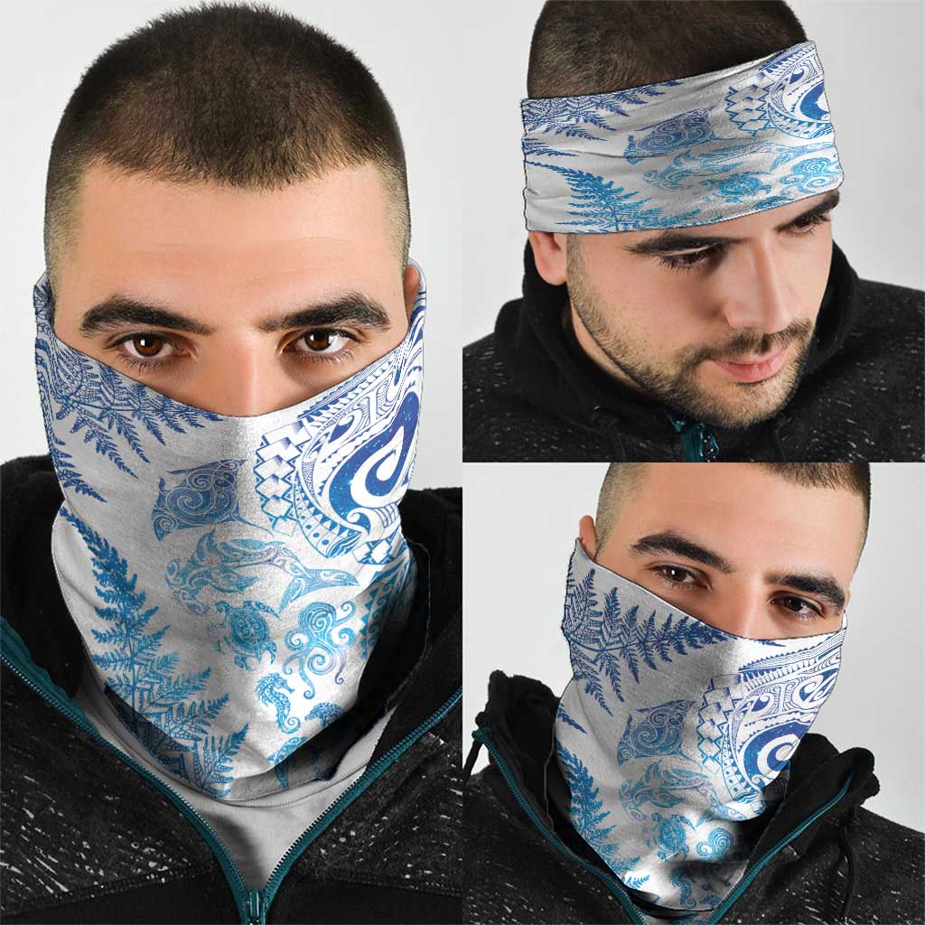 New Zealand Sea Animals Neck Gaiter with Maori Koru Tribal Tattoo and Silver Ferns Galaxy Style