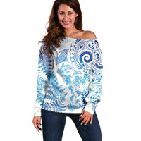New Zealand Sea Animals Off Shoulder Sweater with Maori Koru Tribal Tattoo and Silver Ferns Galaxy Style
