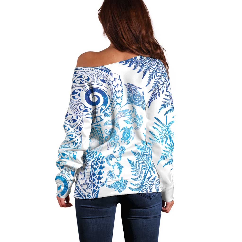 New Zealand Sea Animals Off Shoulder Sweater with Maori Koru Tribal Tattoo and Silver Ferns Galaxy Style
