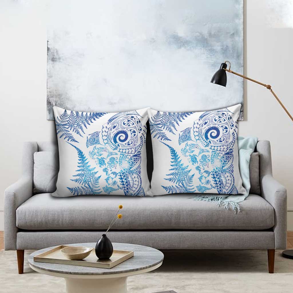 New Zealand Sea Animals Pillow Cover with Maori Koru Tribal Tattoo and Silver Ferns Galaxy Style