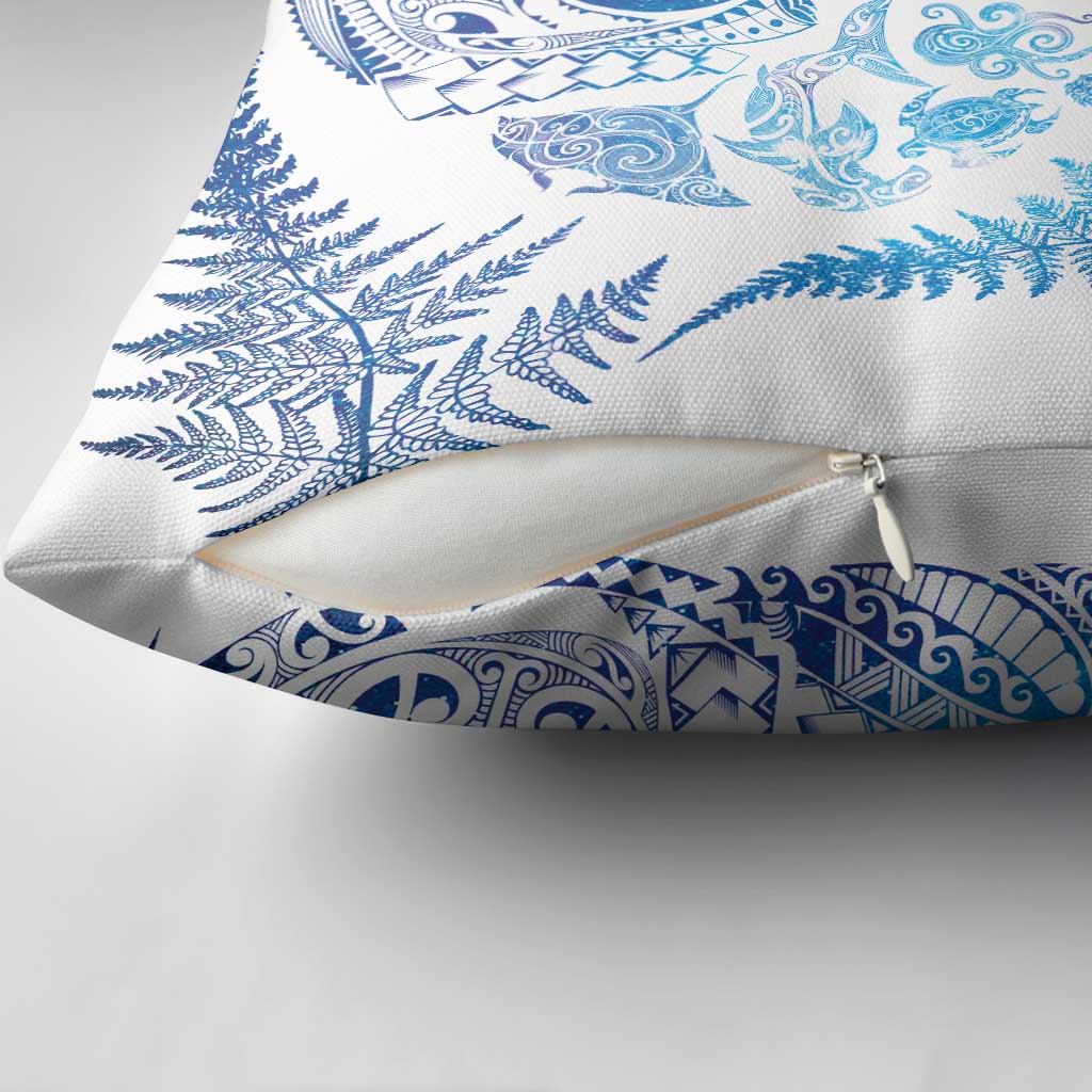 New Zealand Sea Animals Pillow Cover with Maori Koru Tribal Tattoo and Silver Ferns Galaxy Style