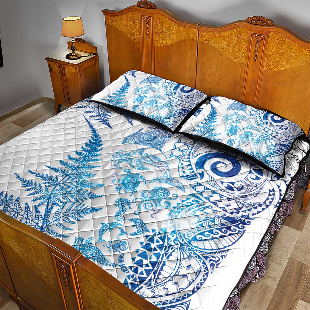 New Zealand Sea Animals Quilt Bed Set with Maori Koru Tribal Tattoo and Silver Ferns Galaxy Style