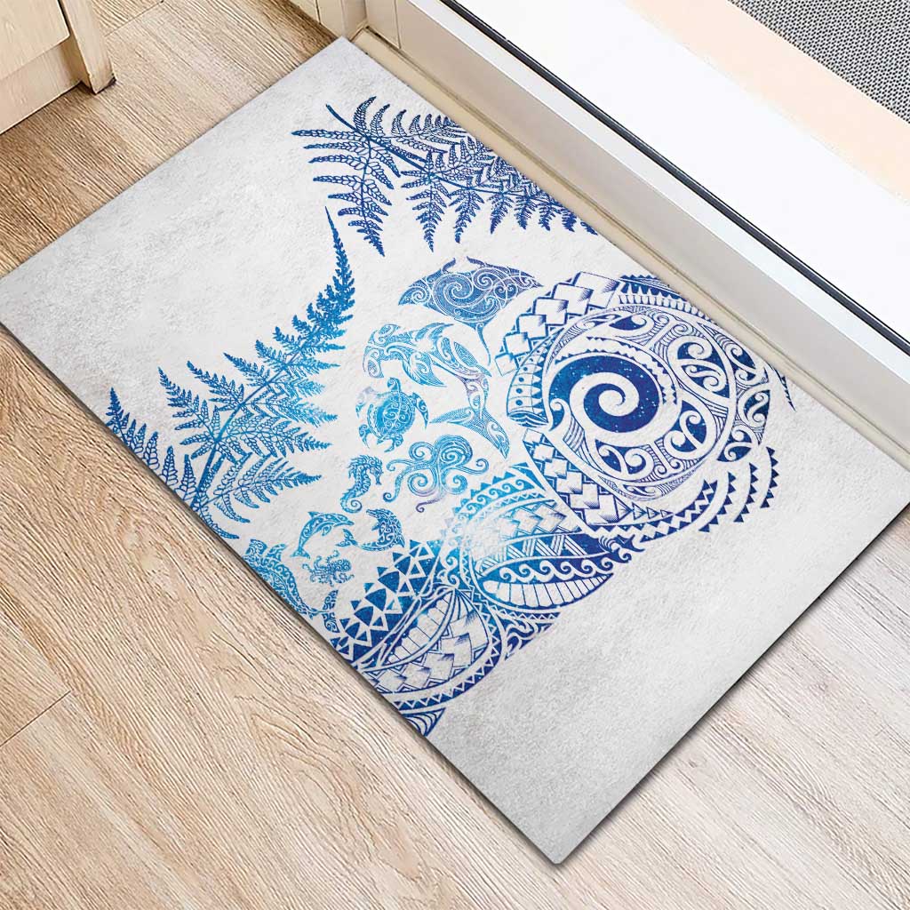 New Zealand Sea Animals Rubber Doormat with Maori Koru Tribal Tattoo and Silver Ferns Galaxy Style