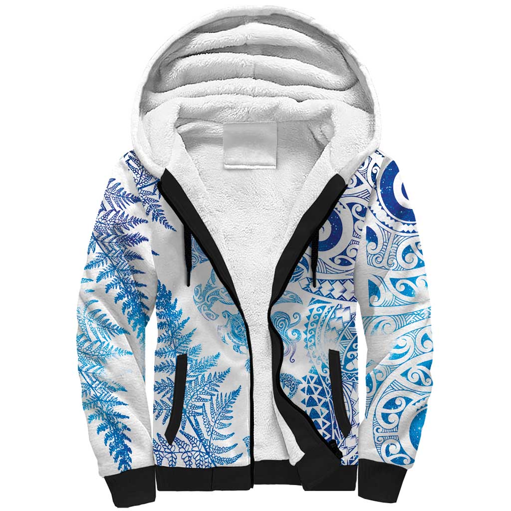 New Zealand Sea Animals Sherpa Hoodie with Maori Koru Tribal Tattoo and Silver Ferns Galaxy Style