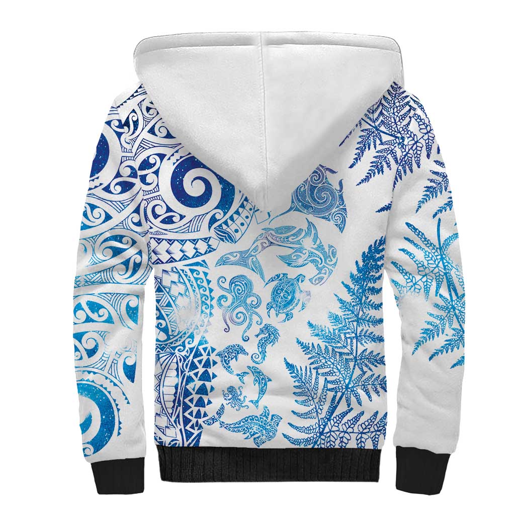 New Zealand Sea Animals Sherpa Hoodie with Maori Koru Tribal Tattoo and Silver Ferns Galaxy Style