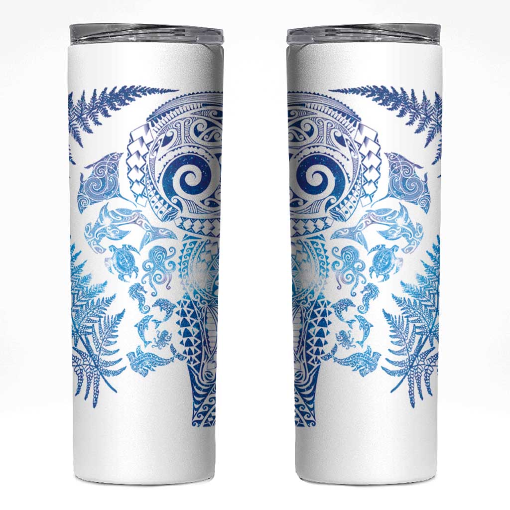 New Zealand Sea Animals Skinny Tumbler with Maori Koru Tribal Tattoo and Silver Ferns Galaxy Style