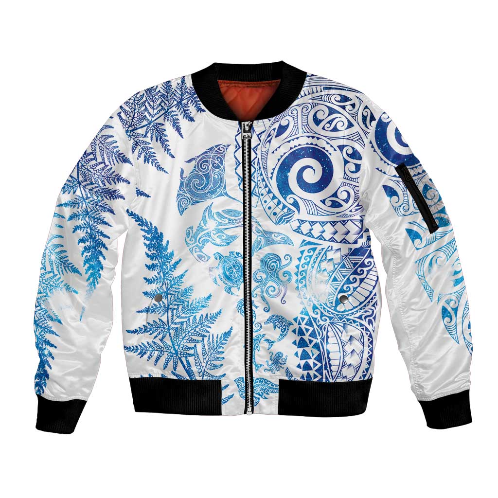 New Zealand Sea Animals Sleeve Zip Bomber Jacket with Maori Koru Tribal Tattoo and Silver Ferns Galaxy Style