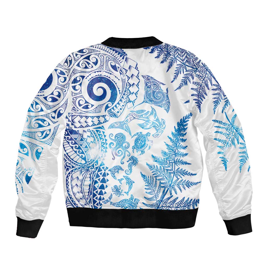 New Zealand Sea Animals Sleeve Zip Bomber Jacket with Maori Koru Tribal Tattoo and Silver Ferns Galaxy Style