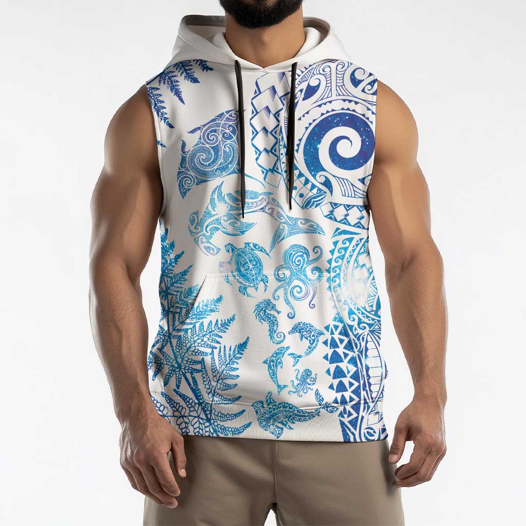 New Zealand Sea Animals Sleeveless Hoodie with Maori Koru Tribal Tattoo and Silver Ferns Galaxy Style