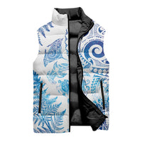 New Zealand Sea Animals Sleeveless Puffer Jacket with Maori Koru Tribal Tattoo and Silver Ferns Galaxy Style