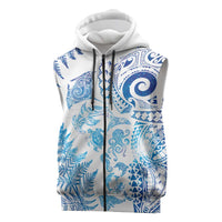 New Zealand Sea Animals Sleeveless Zip Hoodie with Maori Koru Tribal Tattoo and Silver Ferns Galaxy Style