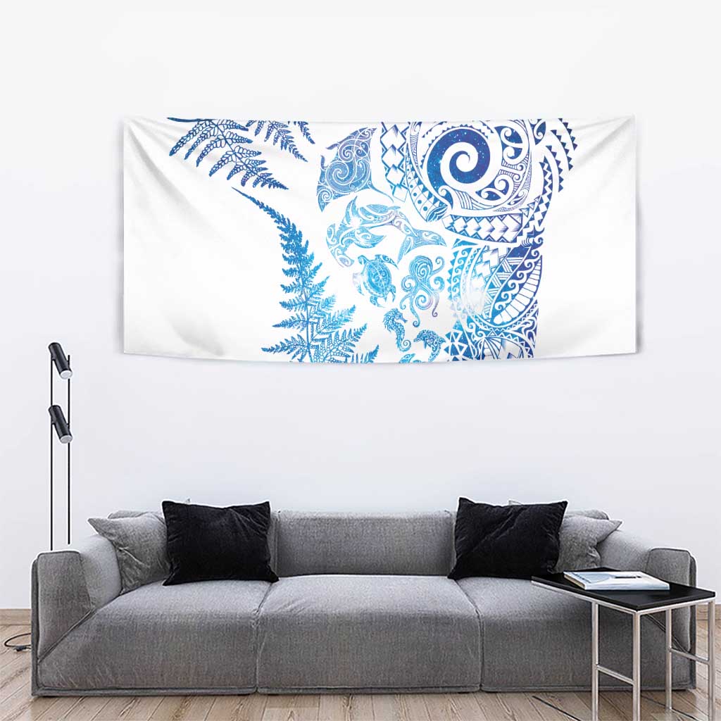New Zealand Sea Animals Tapestry with Maori Koru Tribal Tattoo and Silver Ferns Galaxy Style